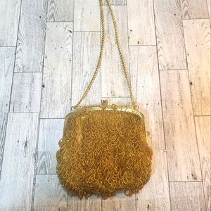 Vtg Walborg 1960s Gold  Bead Loop Evening Bag Purse Clutch Gold Tone Chain Japan